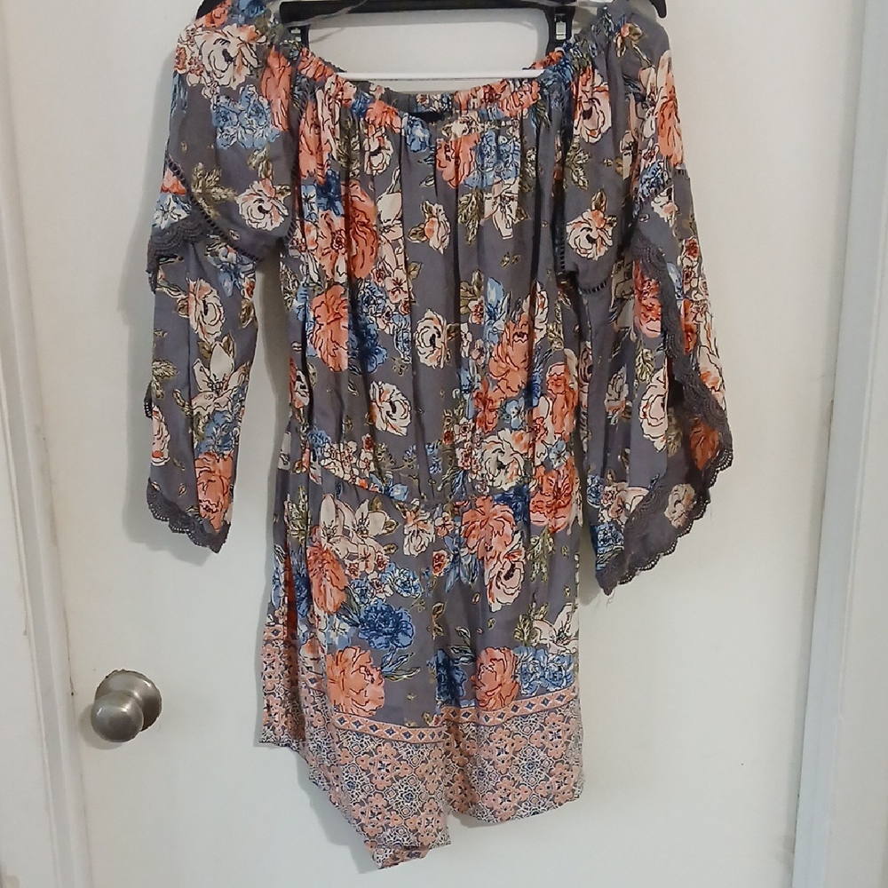 Angie Floral Off-Shoulder Jumpsuit - Gray and Blue